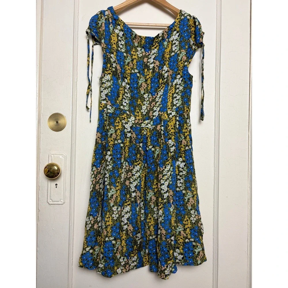 Free People Floral Mini Dress Blue Yellow Cutout Tie Shoulder Womens Size Medium